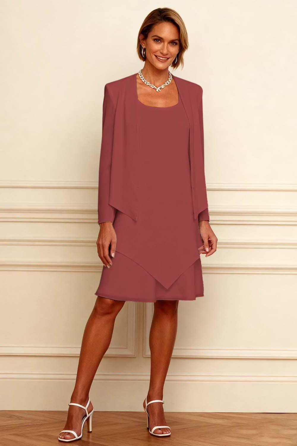 Dreamyannie Ink Blue Scoop Neck Chiffon Knee Length 2 Piece Mother Of The Bride Dress With Jacket