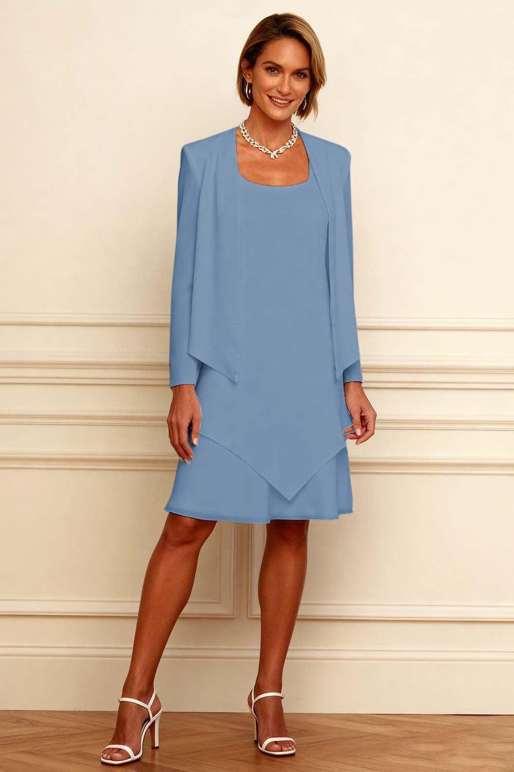 Dreamyannie Ink Blue Scoop Neck Chiffon Knee Length 2 Piece Mother Of The Bride Dress With Jacket