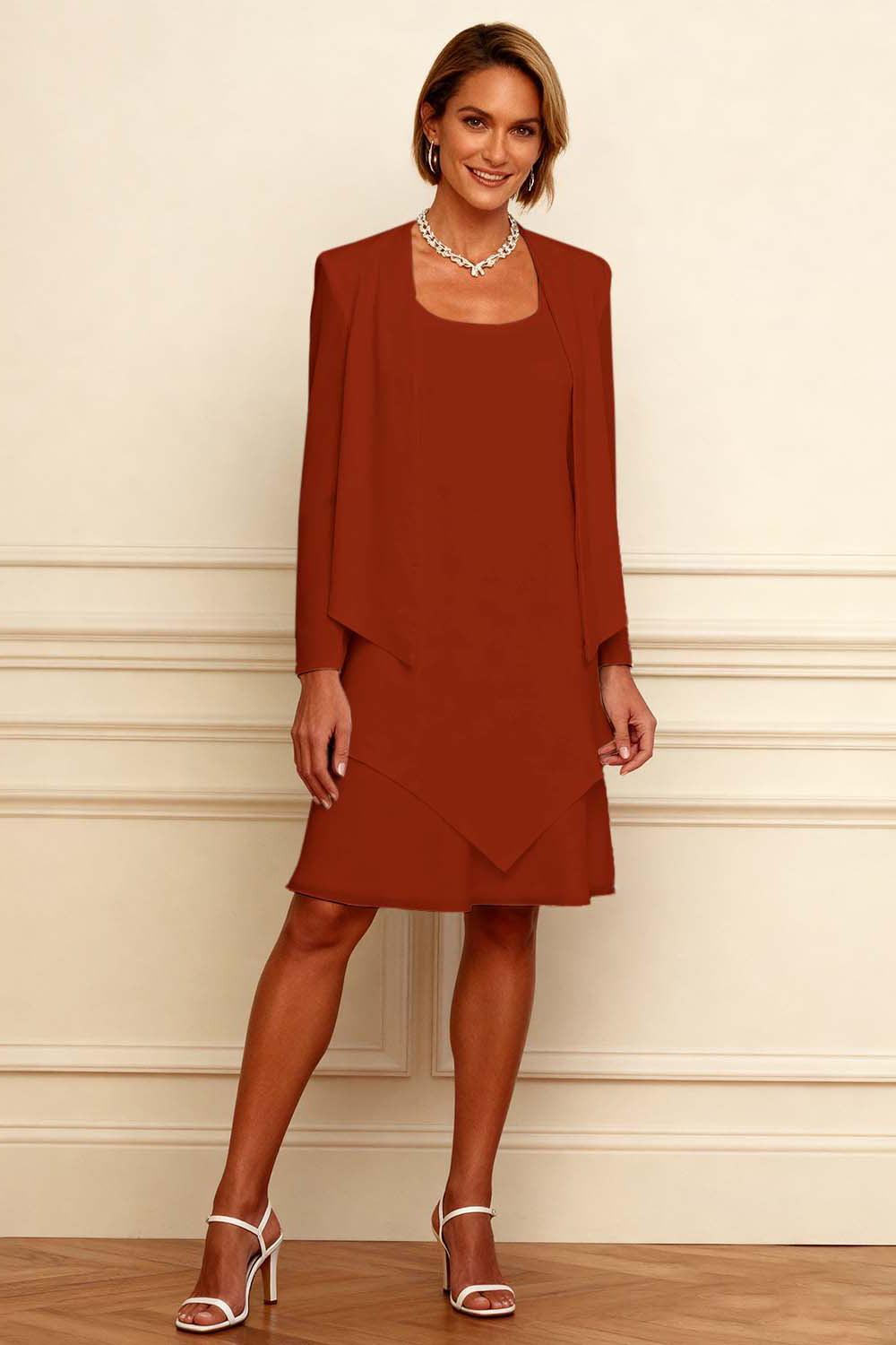 Dreamyannie Ink Blue Scoop Neck Chiffon Knee Length 2 Piece Mother Of The Bride Dress With Jacket