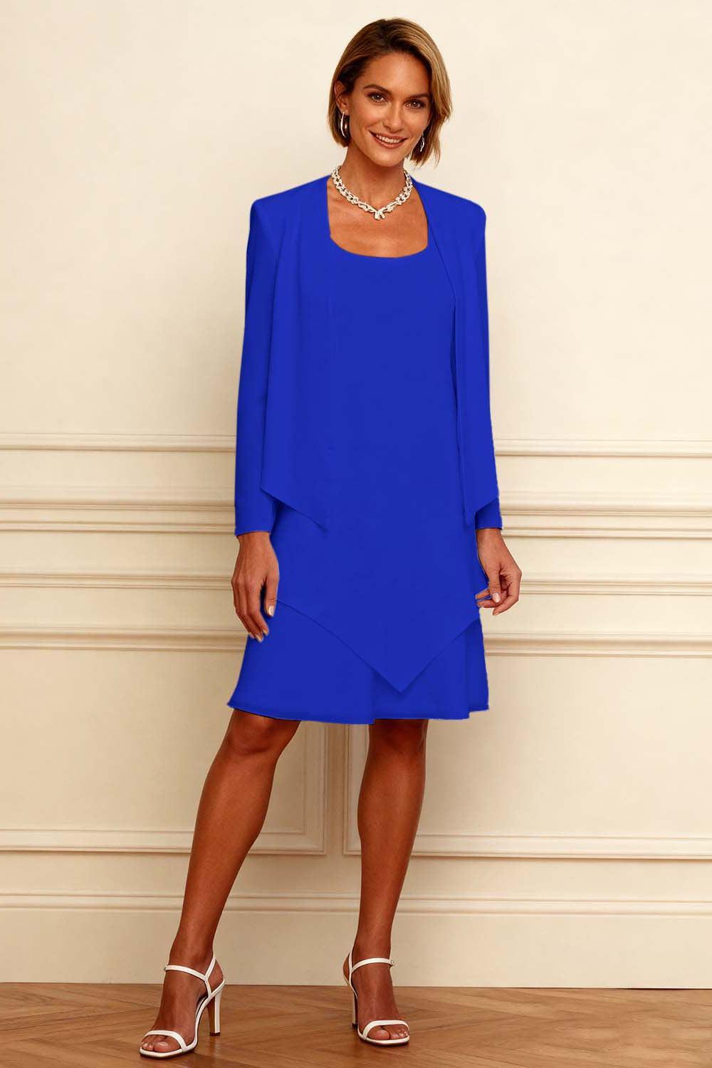 Dreamyannie Ink Blue Scoop Neck Chiffon Knee Length 2 Piece Mother Of The Bride Dress With Jacket