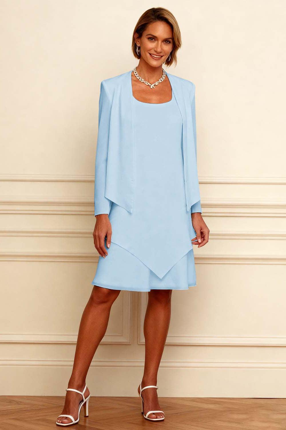 Dreamyannie Ink Blue Scoop Neck Chiffon Knee Length 2 Piece Mother Of The Bride Dress With Jacket