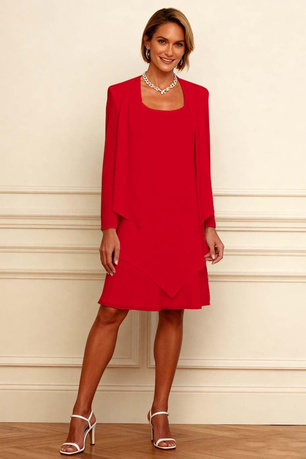Dreamyannie Ink Blue Scoop Neck Chiffon Knee Length 2 Piece Mother Of The Bride Dress With Jacket