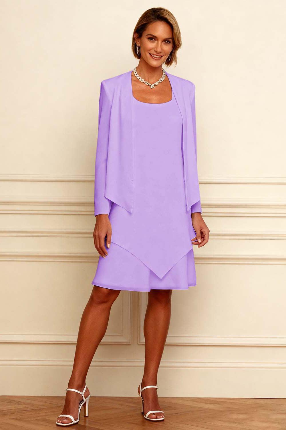 Dreamyannie Ink Blue Scoop Neck Chiffon Knee Length 2 Piece Mother Of The Bride Dress With Jacket