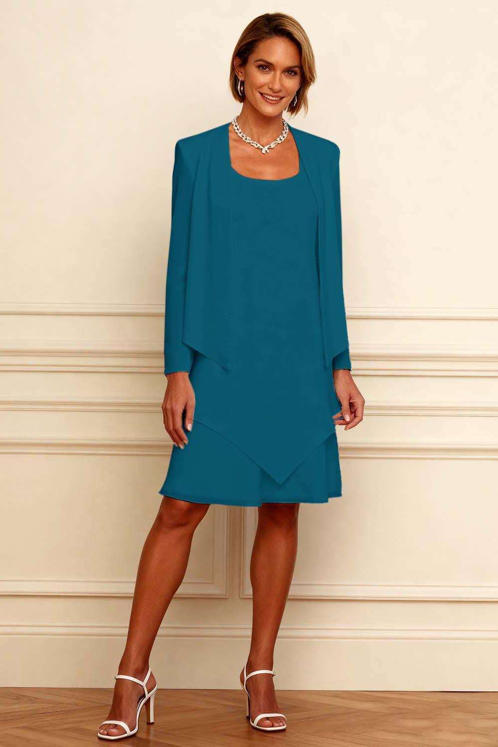 Dreamyannie Ink Blue Scoop Neck Chiffon Knee Length 2 Piece Mother Of The Bride Dress With Jacket