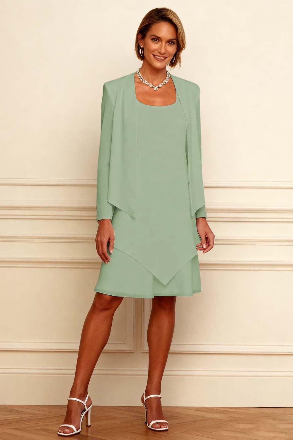 Dreamyannie Ink Blue Scoop Neck Chiffon Knee Length 2 Piece Mother Of The Bride Dress With Jacket