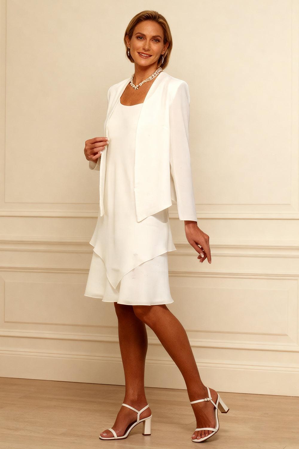 Dreamyannie Ink Blue Scoop Neck Chiffon Knee Length 2 Piece Mother Of The Bride Dress With Jacket
