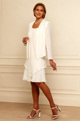 Dreamyannie Ink Blue Scoop Neck Chiffon Knee Length 2 Piece Mother Of The Bride Dress With Jacket