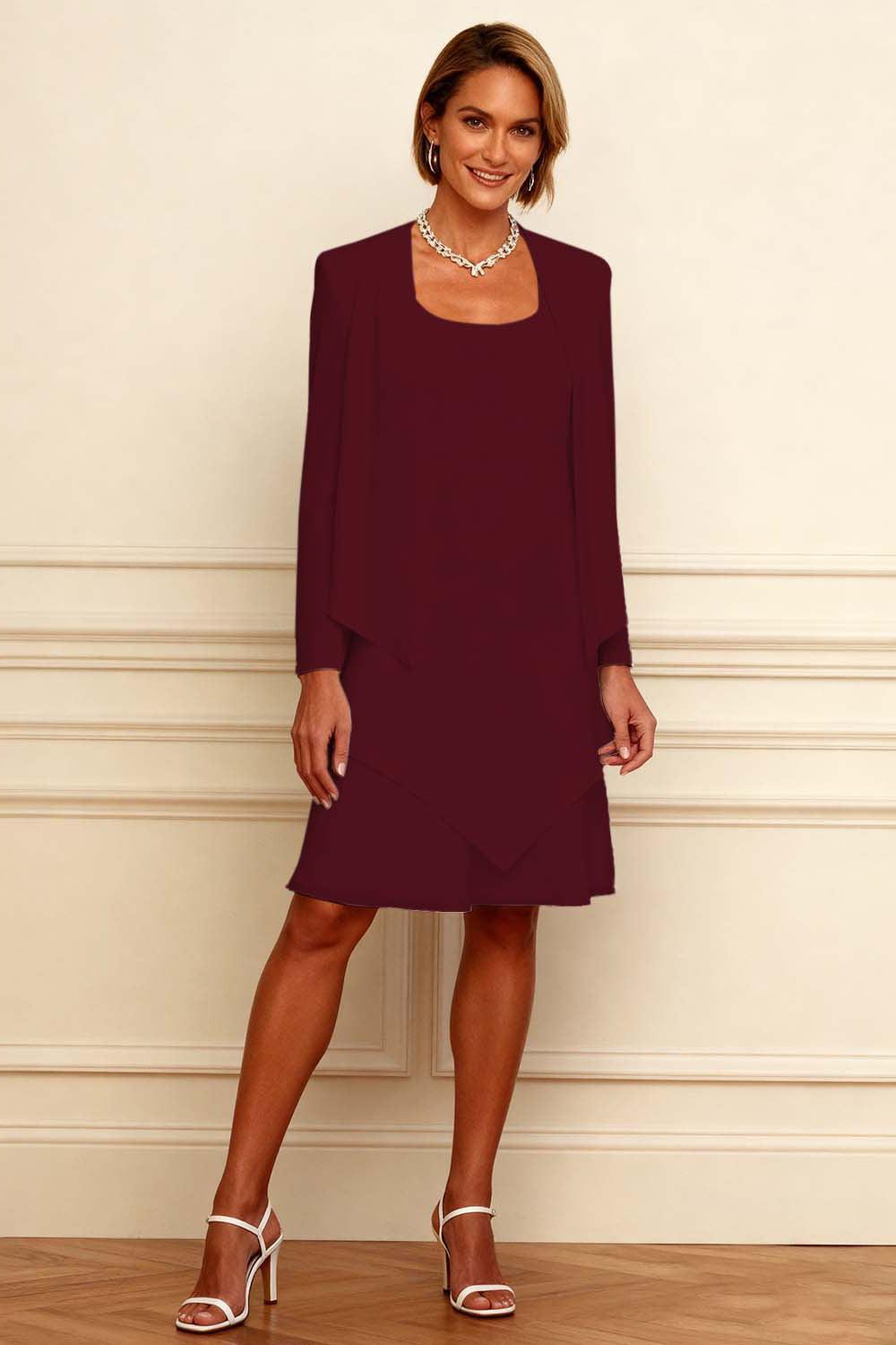 Dreamyannie Ink Blue Scoop Neck Chiffon Knee Length 2 Piece Mother Of The Bride Dress With Jacket