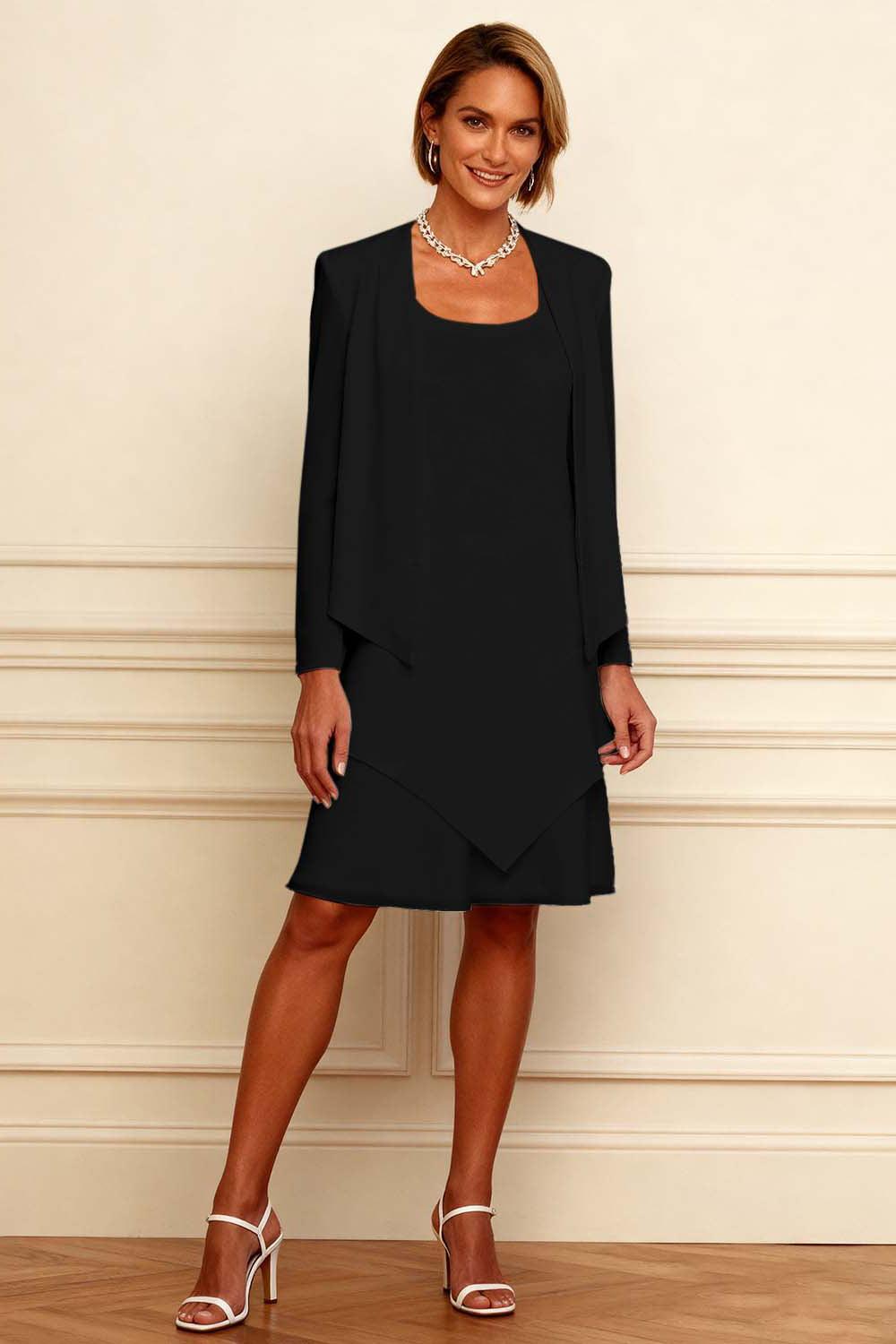 Dreamyannie Ink Blue Scoop Neck Chiffon Knee Length 2 Piece Mother Of The Bride Dress With Jacket