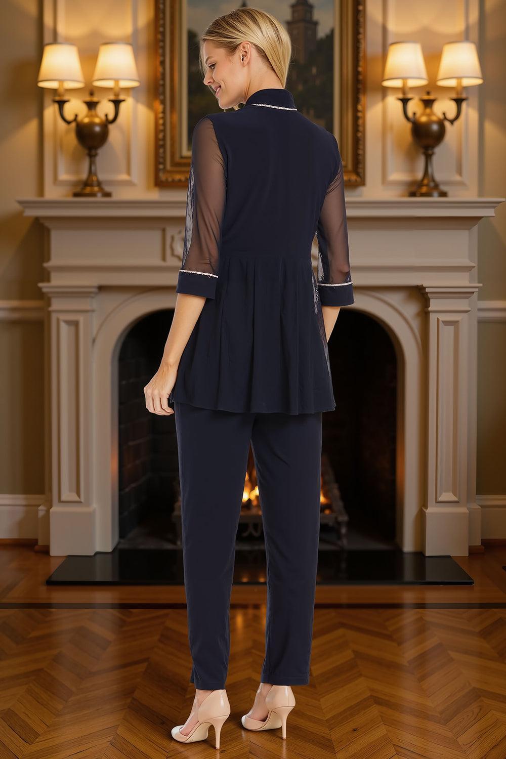 Dreamyannie Ink Blue Tulle Beaded 3/4 Sleeves 3 Piece Mother Of The Bride Pant Suits With Jacket