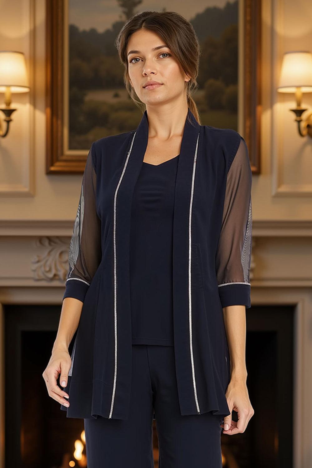 Dreamyannie Ink Blue Tulle Beaded 3/4 Sleeves 3 Piece Mother Of The Bride Pant Suits With Jacket
