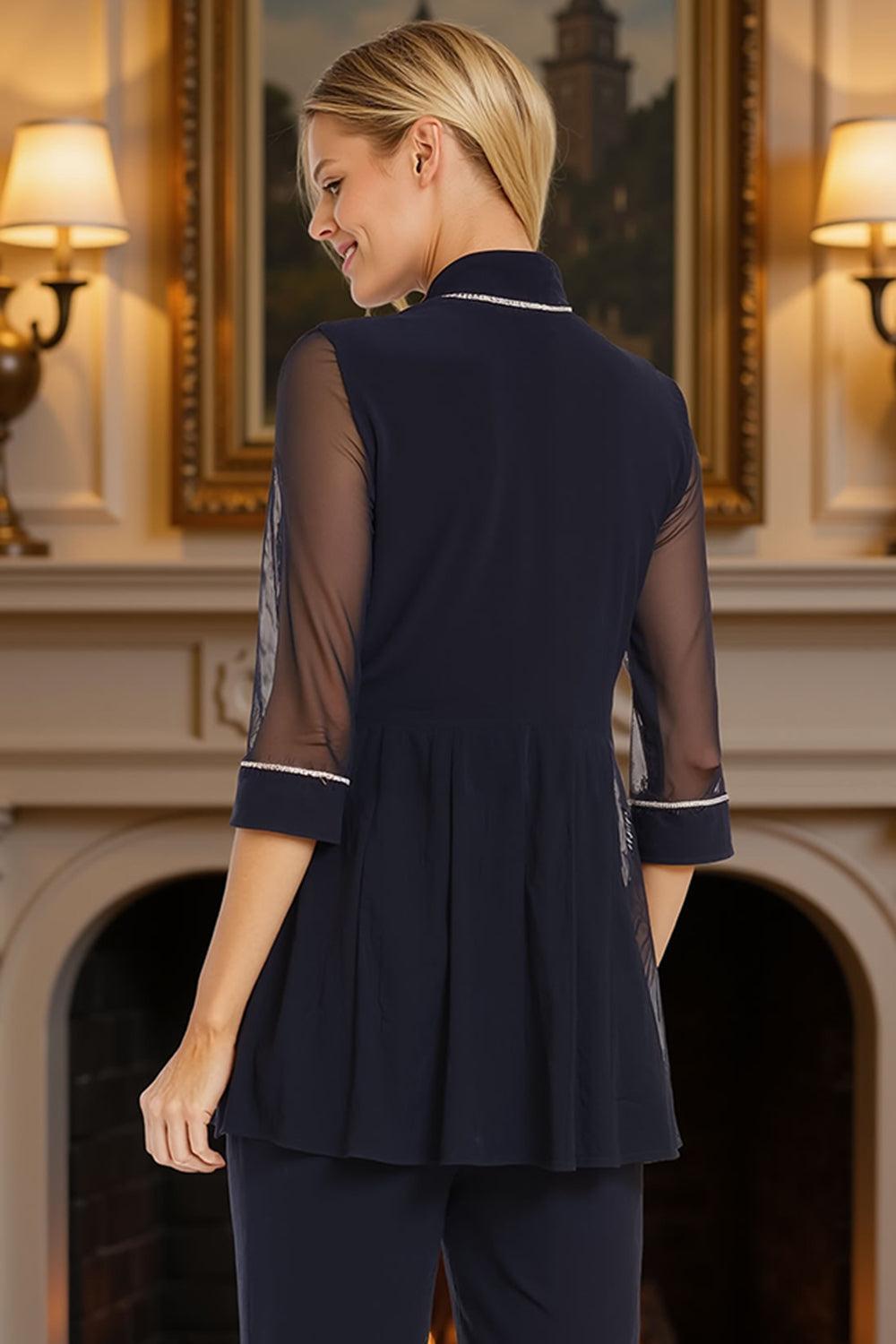 Dreamyannie Ink Blue Tulle Beaded 3/4 Sleeves 3 Piece Mother Of The Bride Pant Suits With Jacket