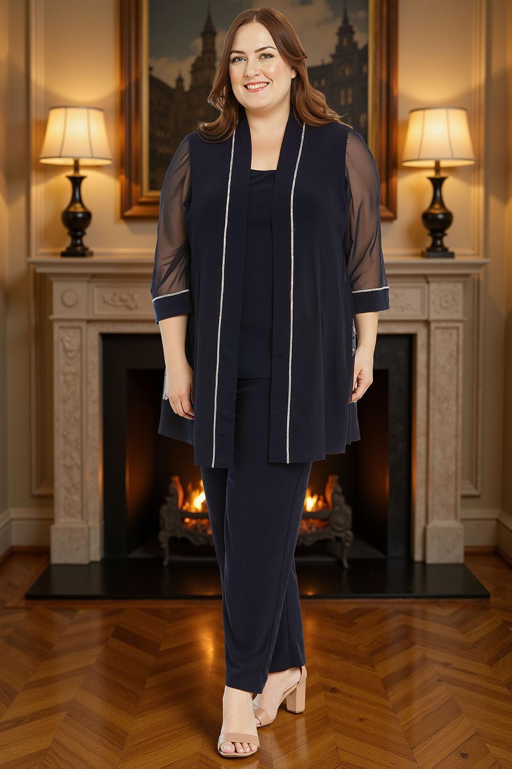 Dreamyannie Ink Blue Tulle Beaded 3/4 Sleeves 3 Piece Mother Of The Bride Pant Suits With Jacket