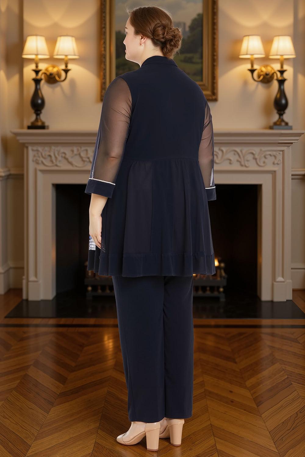 Dreamyannie Ink Blue Tulle Beaded 3/4 Sleeves 3 Piece Mother Of The Bride Pant Suits With Jacket