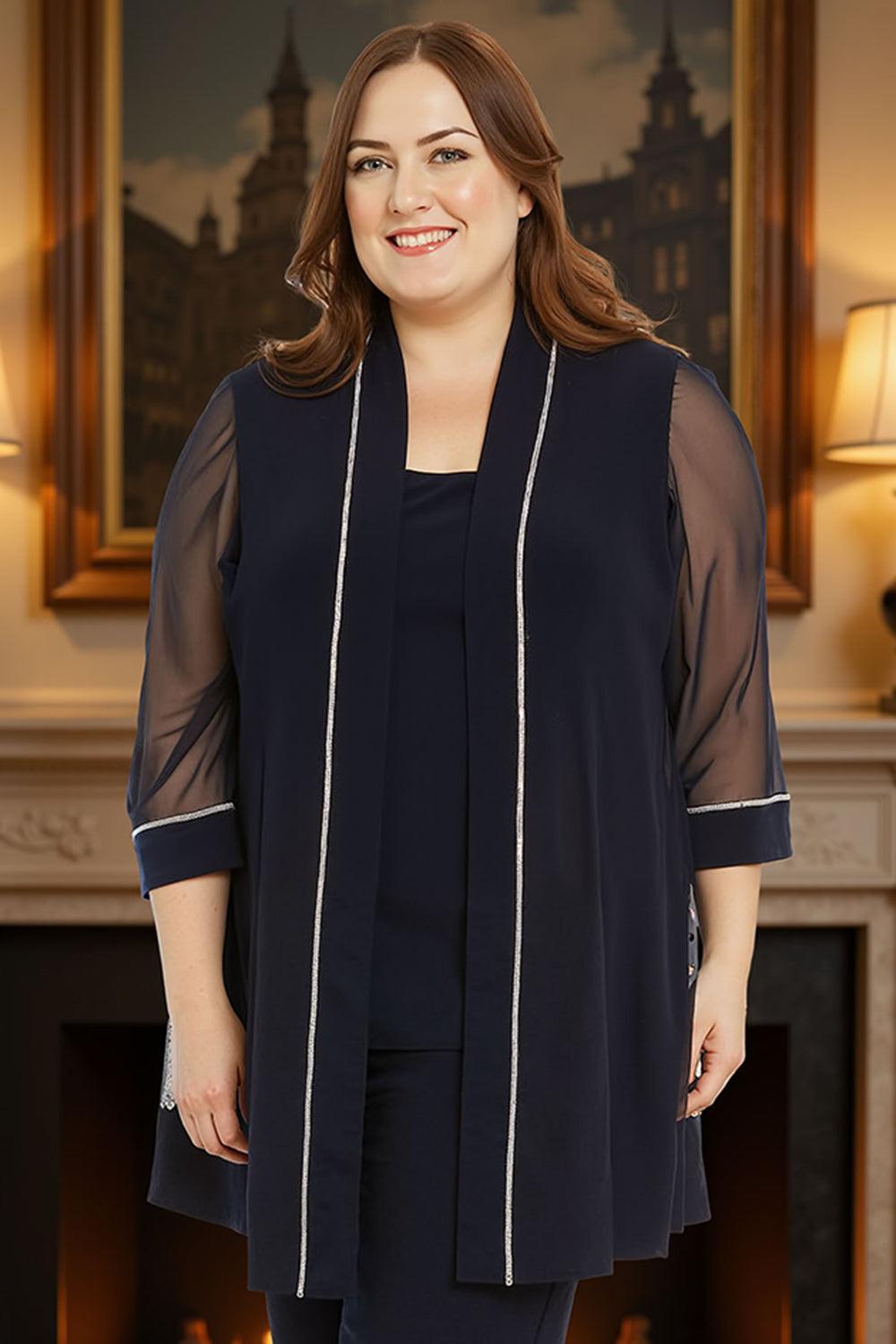 Dreamyannie Ink Blue Tulle Beaded 3/4 Sleeves 3 Piece Mother Of The Bride Pant Suits With Jacket