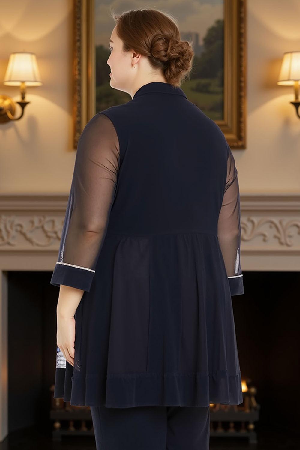 Dreamyannie Ink Blue Tulle Beaded 3/4 Sleeves 3 Piece Mother Of The Bride Pant Suits With Jacket
