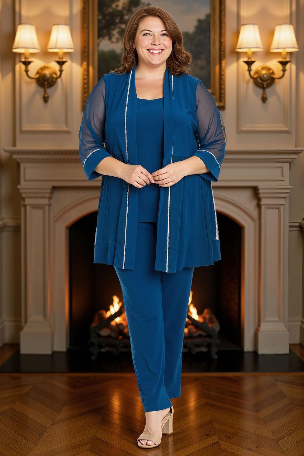 Dreamyannie Ink Blue Tulle Beaded 3/4 Sleeves 3 Piece Mother Of The Bride Pant Suits With Jacket