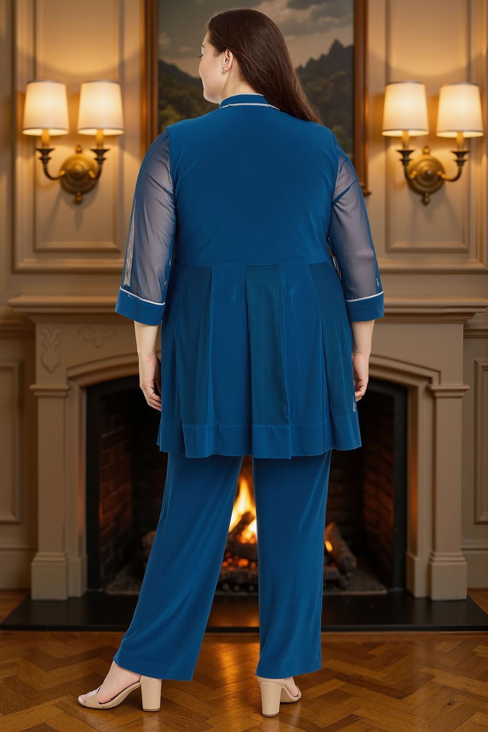 Dreamyannie Ink Blue Tulle Beaded 3/4 Sleeves 3 Piece Mother Of The Bride Pant Suits With Jacket