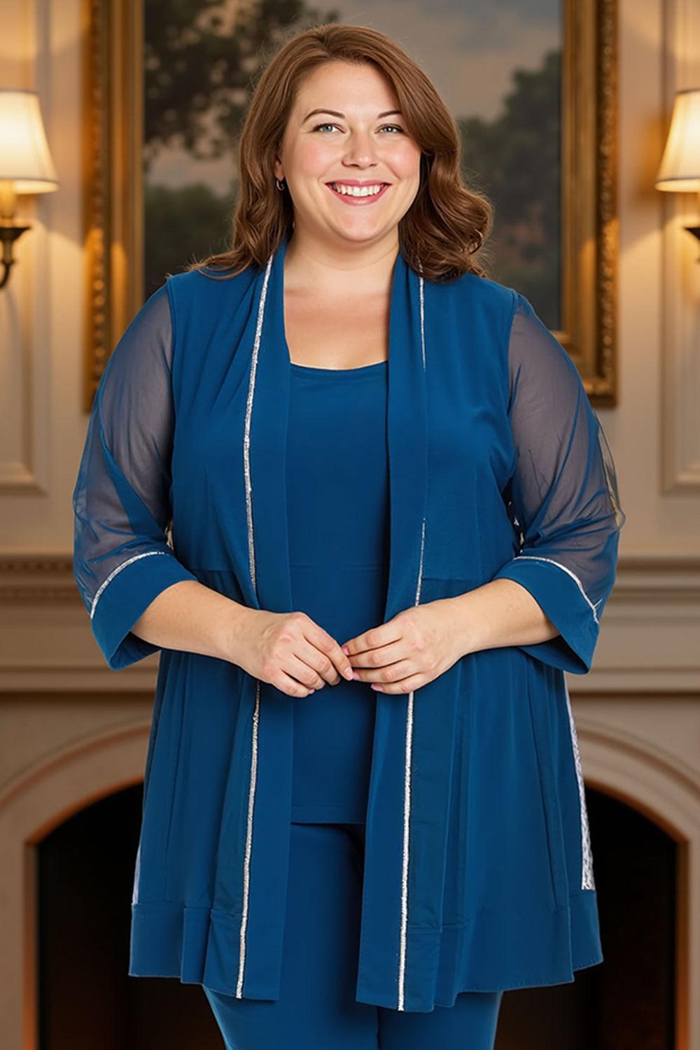Dreamyannie Ink Blue Tulle Beaded 3/4 Sleeves 3 Piece Mother Of The Bride Pant Suits With Jacket