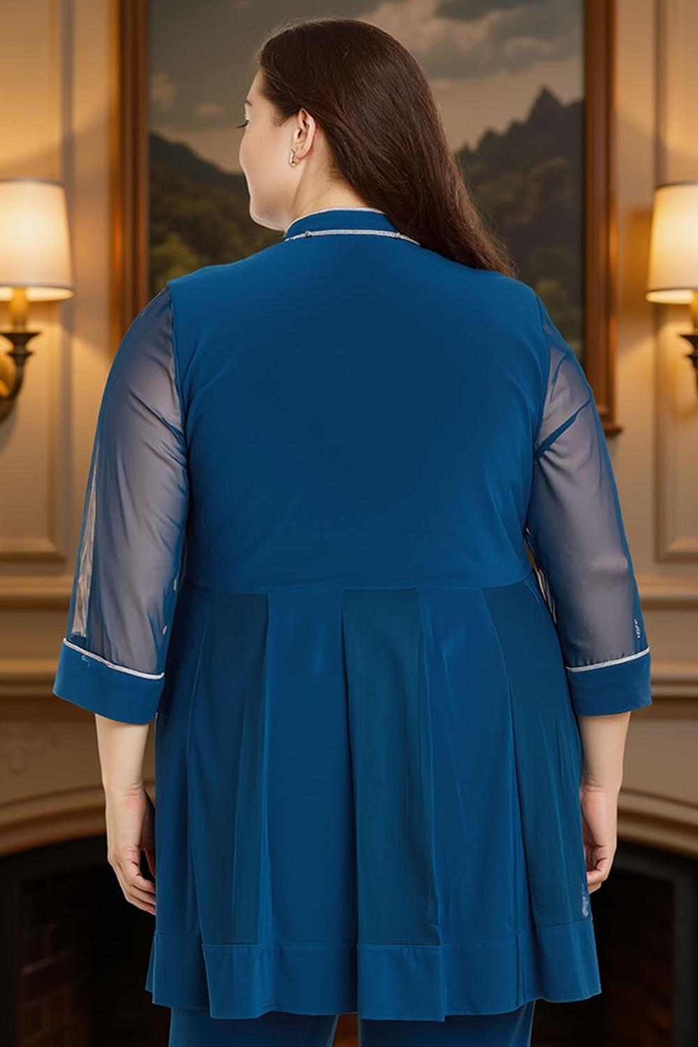 Dreamyannie Ink Blue Tulle Beaded 3/4 Sleeves 3 Piece Mother Of The Bride Pant Suits With Jacket