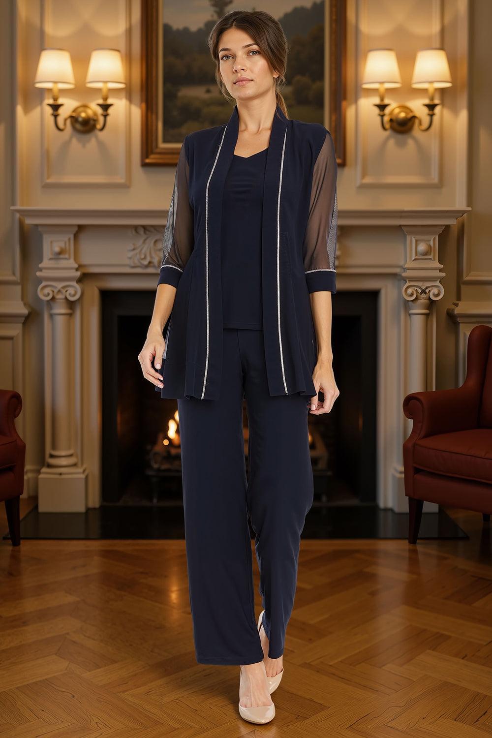 Dreamyannie Ink Blue Tulle Beaded 3/4 Sleeves 3 Piece Mother Of The Bride Pant Suits With Jacket