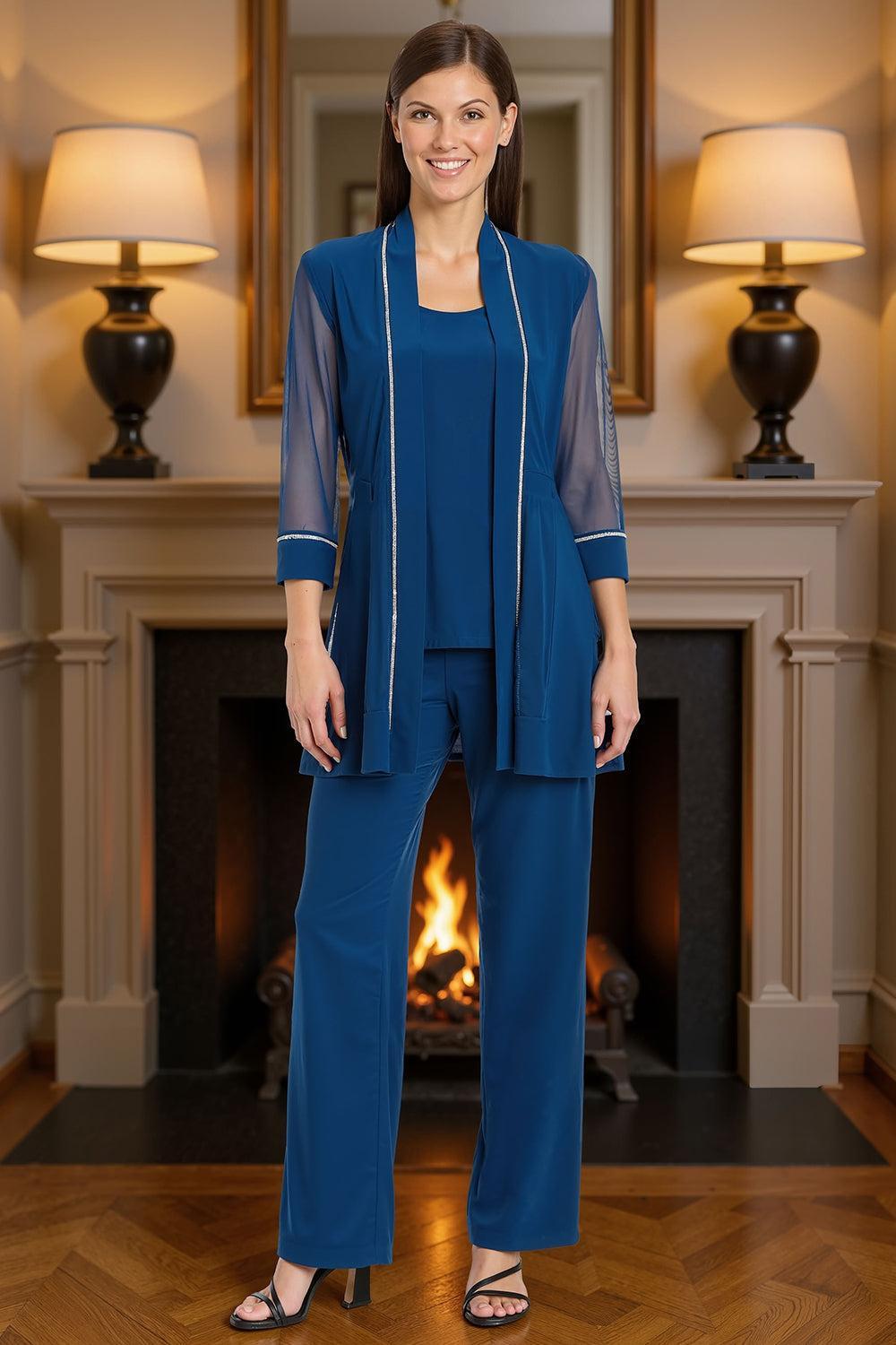 Dreamyannie Ink Blue Tulle Beaded 3/4 Sleeves 3 Piece Mother Of The Bride Pant Suits With Jacket