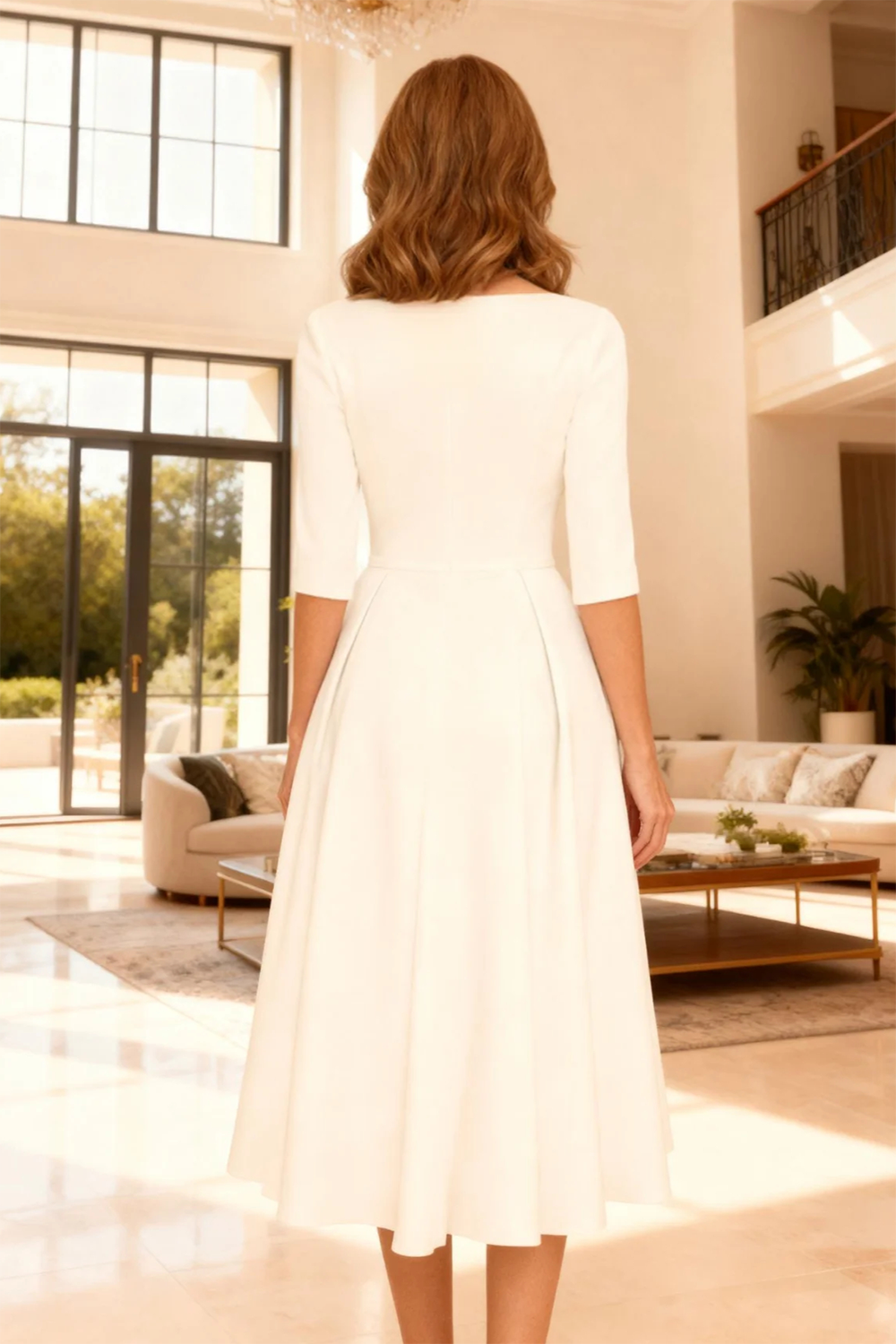 Dreamyannie Ivory Satin A Line Tea Length Mother Of The Bride Dress With Sleeves
