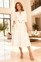 Dreamyannie Ivory Satin A Line Tea Length Mother Of The Bride Dress With Sleeves