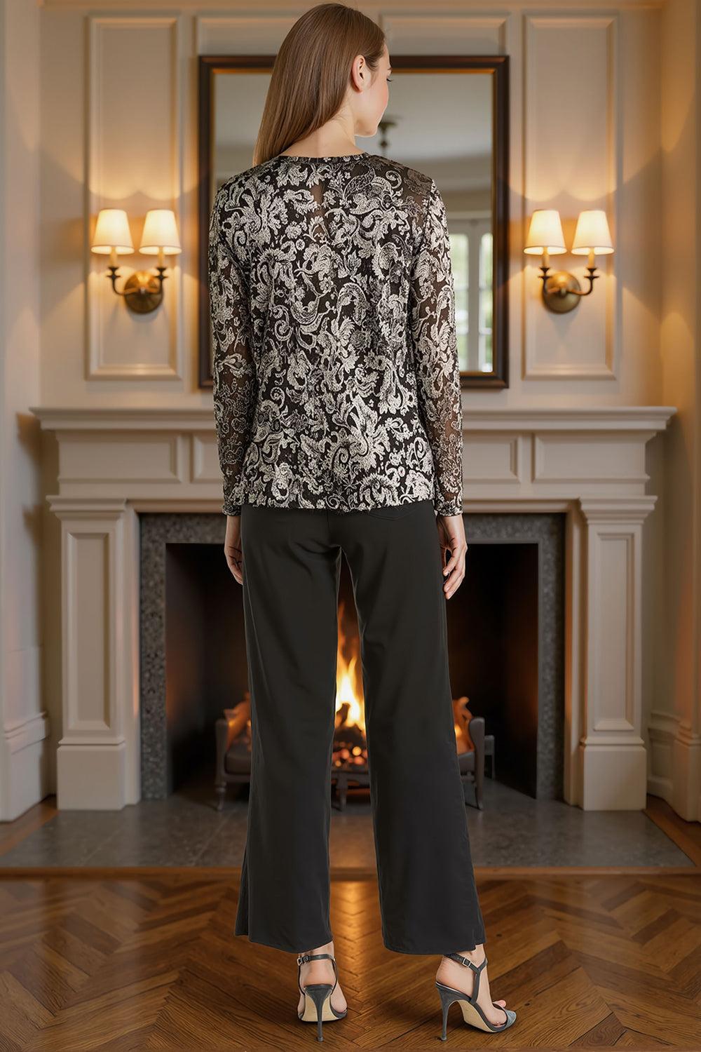 Dreamyannie Jacquard Black Golden 3 Piece Mother Of The Bride Pant Suits With Jacket