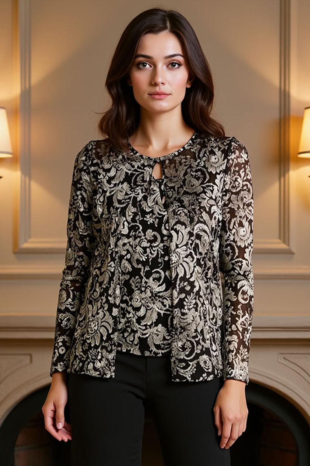 Dreamyannie Jacquard Black Golden 3 Piece Mother Of The Bride Pant Suits With Jacket
