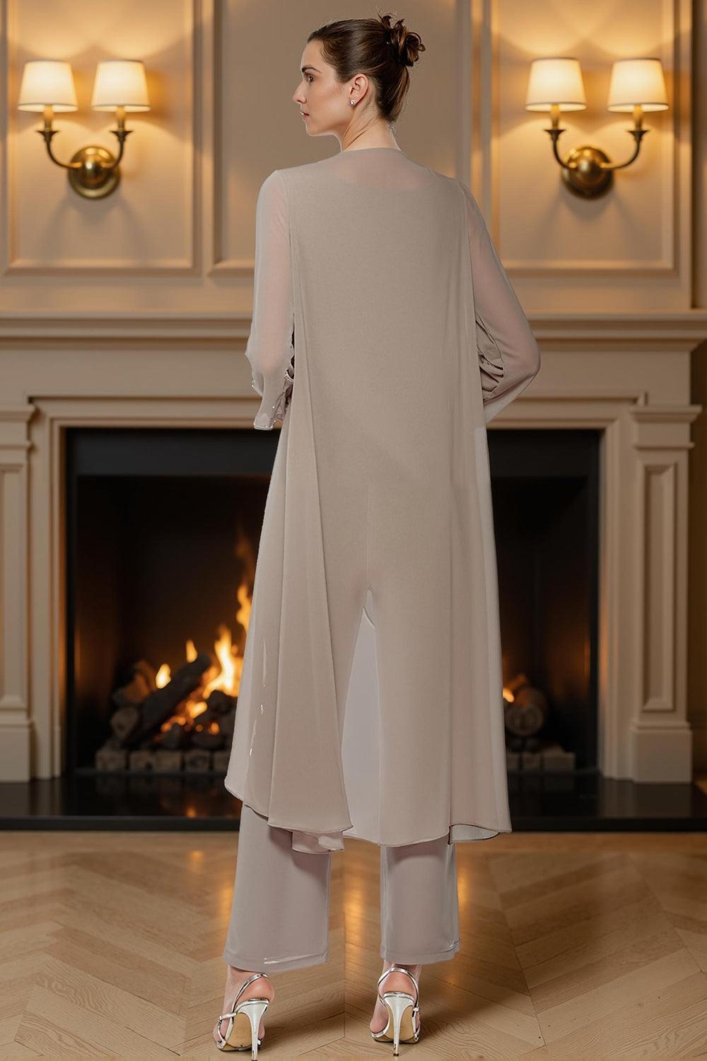 Dreamyannie Khaki Boat Neck Chiffon 3 Piece Mother Of The Bride Pant Suits With Jacket