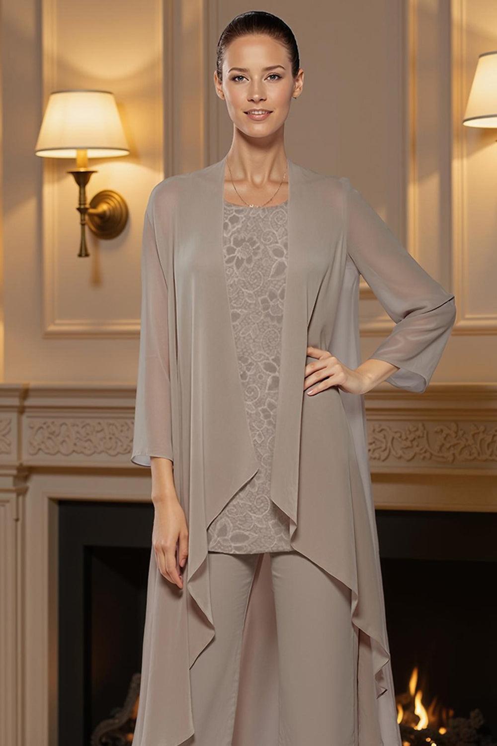 Dreamyannie Khaki Boat Neck Chiffon 3 Piece Mother Of The Bride Pant Suits With Jacket
