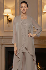 Dreamyannie Khaki Boat Neck Chiffon 3 Piece Mother Of The Bride Pant Suits With Jacket