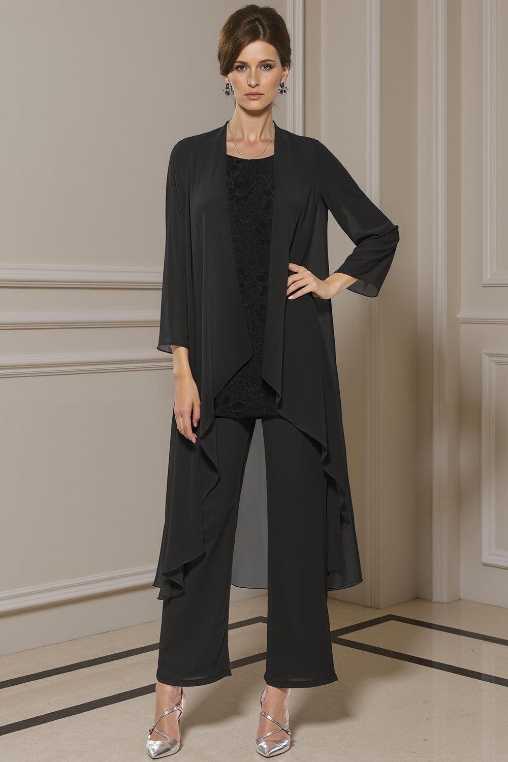 Dreamyannie Khaki Boat Neck Chiffon 3 Piece Mother Of The Bride Pant Suits With Jacket