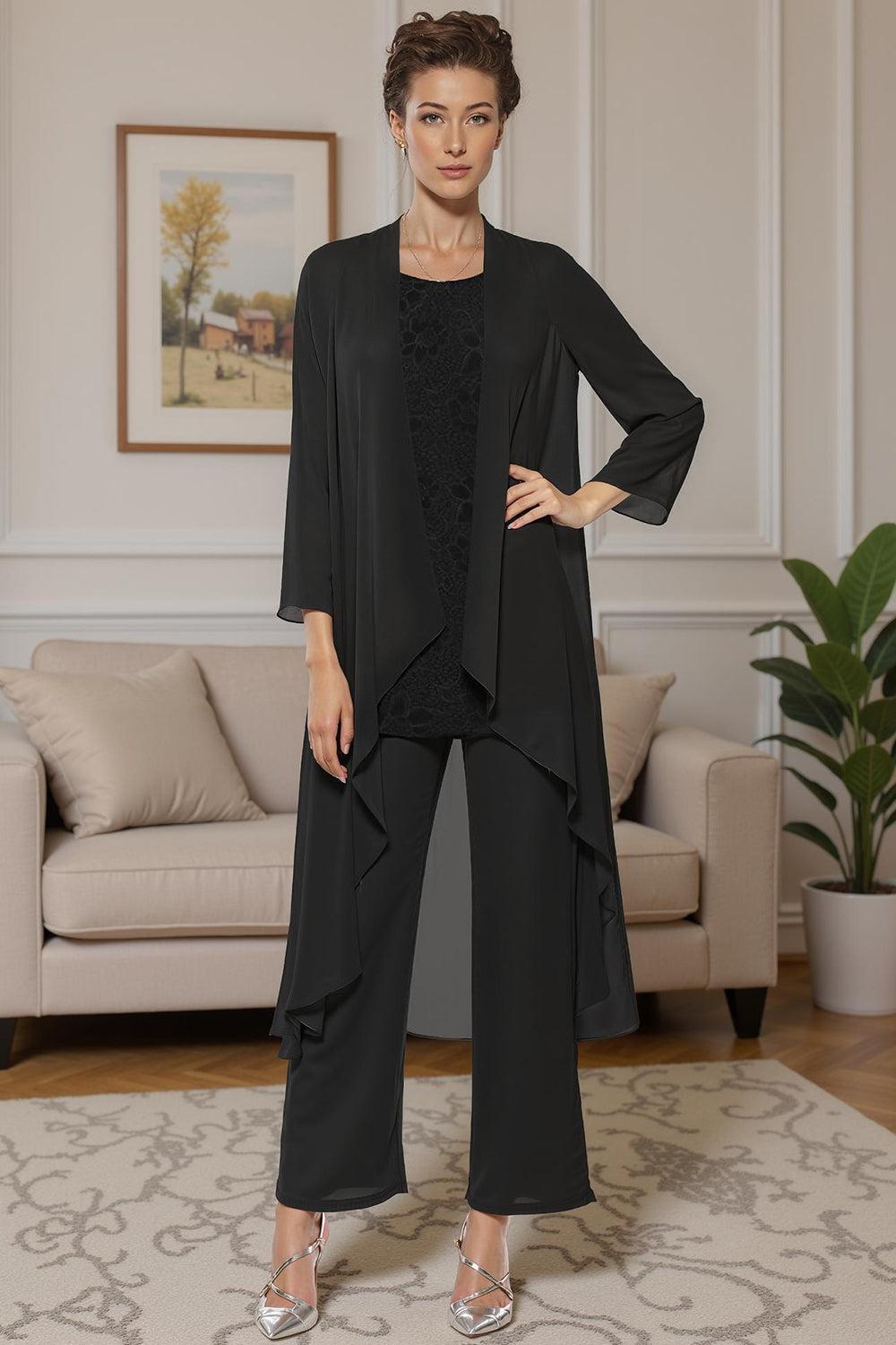 Dreamyannie Khaki Boat Neck Chiffon 3 Piece Mother Of The Bride Pant Suits With Jacket