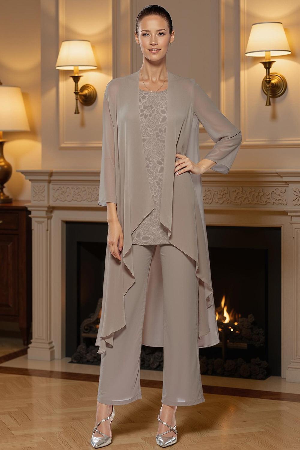 Dreamyannie Khaki Boat Neck Chiffon 3 Piece Mother Of The Bride Pant Suits With Jacket
