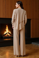 Dreamyannie Khaki Chiffon Scoop Neck 3 Piece Mother Of The Bride Pant Suits With Jacket