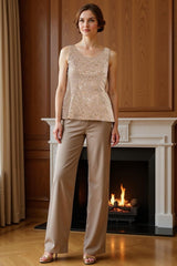Dreamyannie Khaki Chiffon Scoop Neck 3 Piece Mother Of The Bride Pant Suits With Jacket