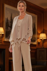 Dreamyannie Khaki Chiffon Scoop Neck 3 Piece Mother Of The Bride Pant Suits With Jacket