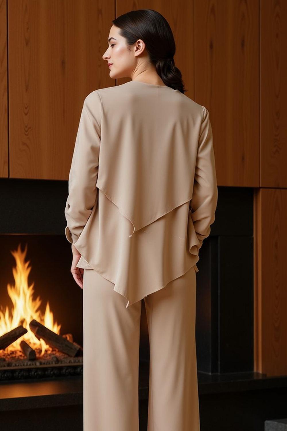 Dreamyannie Khaki Chiffon Scoop Neck 3 Piece Mother Of The Bride Pant Suits With Jacket