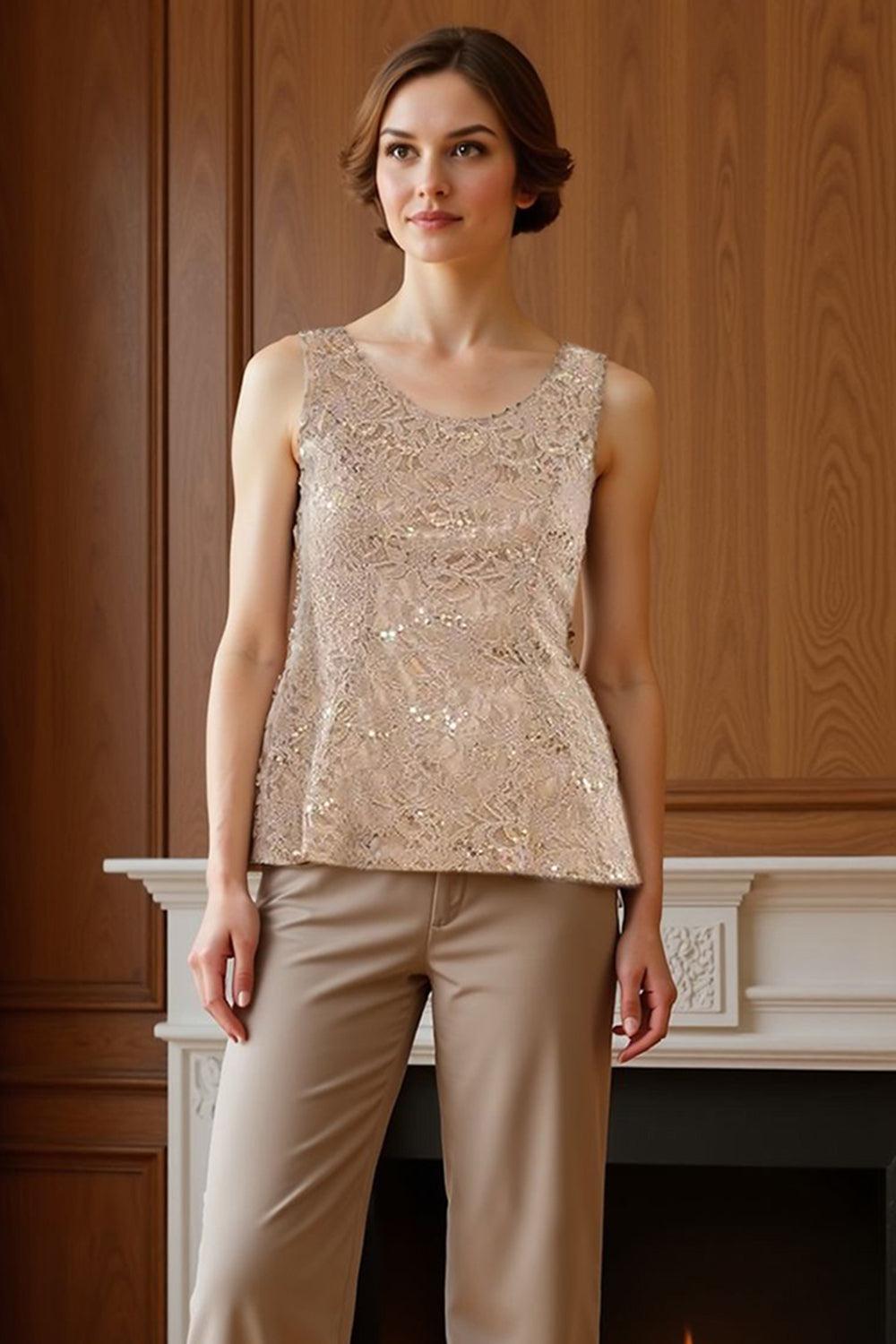 Dreamyannie Khaki Chiffon Scoop Neck 3 Piece Mother Of The Bride Pant Suits With Jacket