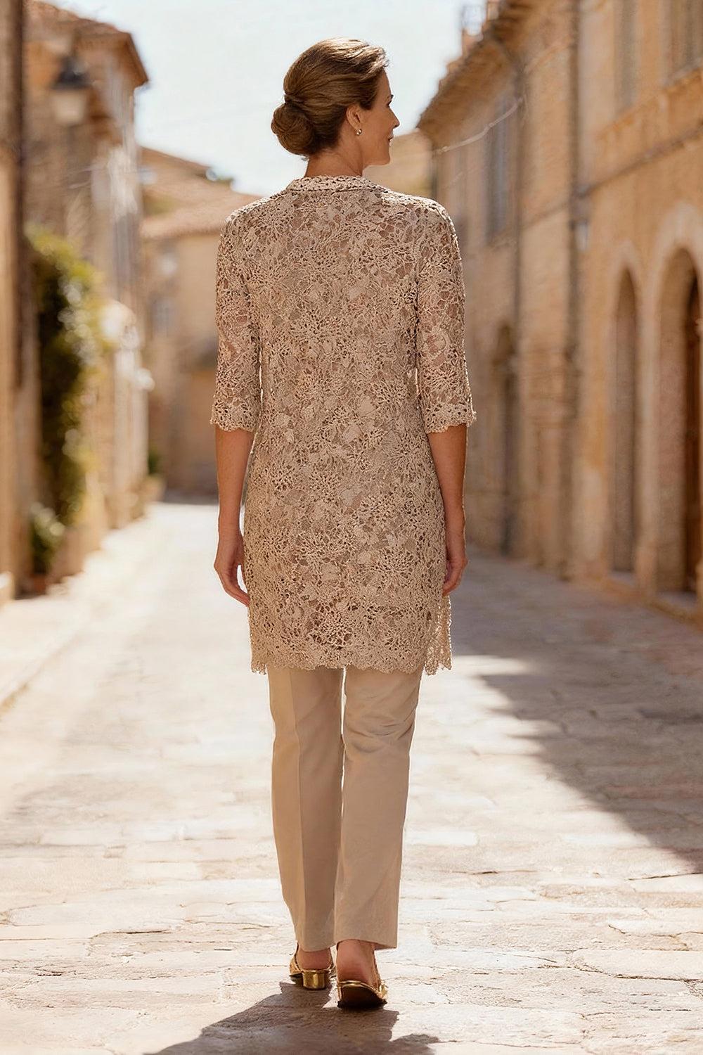 Dreamyannie Khaki Round Neck Lace 3 Piece Mother Of The Bride Pant Suits With Jacket