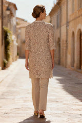 Dreamyannie Khaki Round Neck Lace 3 Piece Mother Of The Bride Pant Suits With Jacket