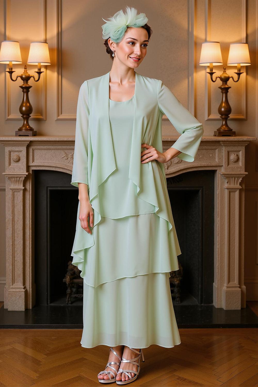 Dreamyannie Khaki Tiered Ruffled 2 Piece Ankle Length Mother Of The Bride Dress With Jacket