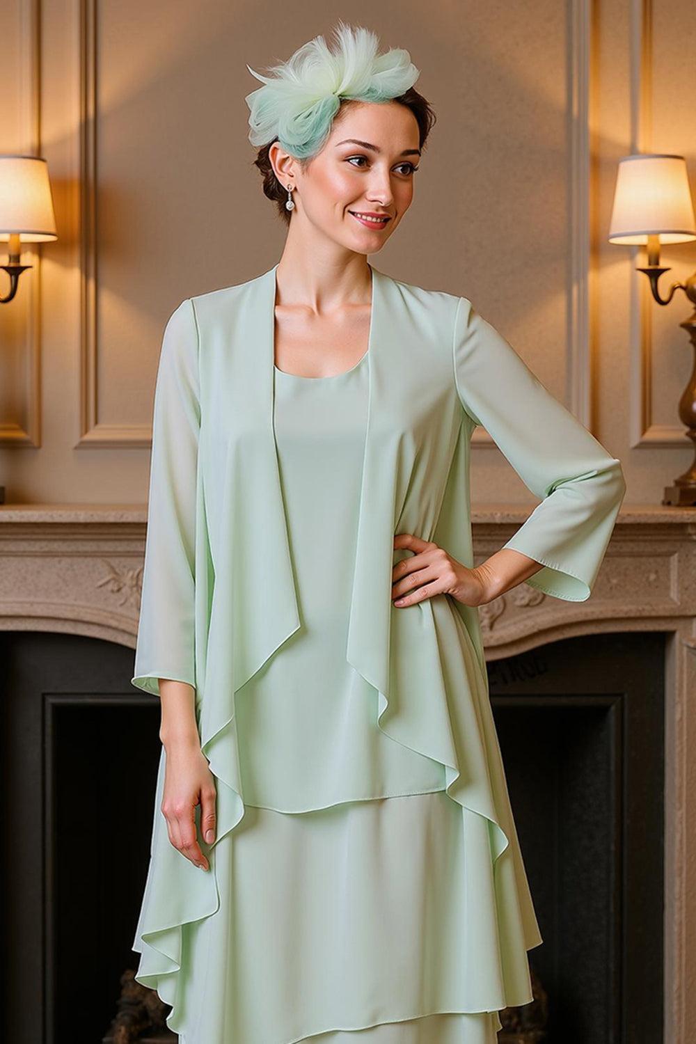 Dreamyannie Khaki Tiered Ruffled 2 Piece Ankle Length Mother Of The Bride Dress With Jacket