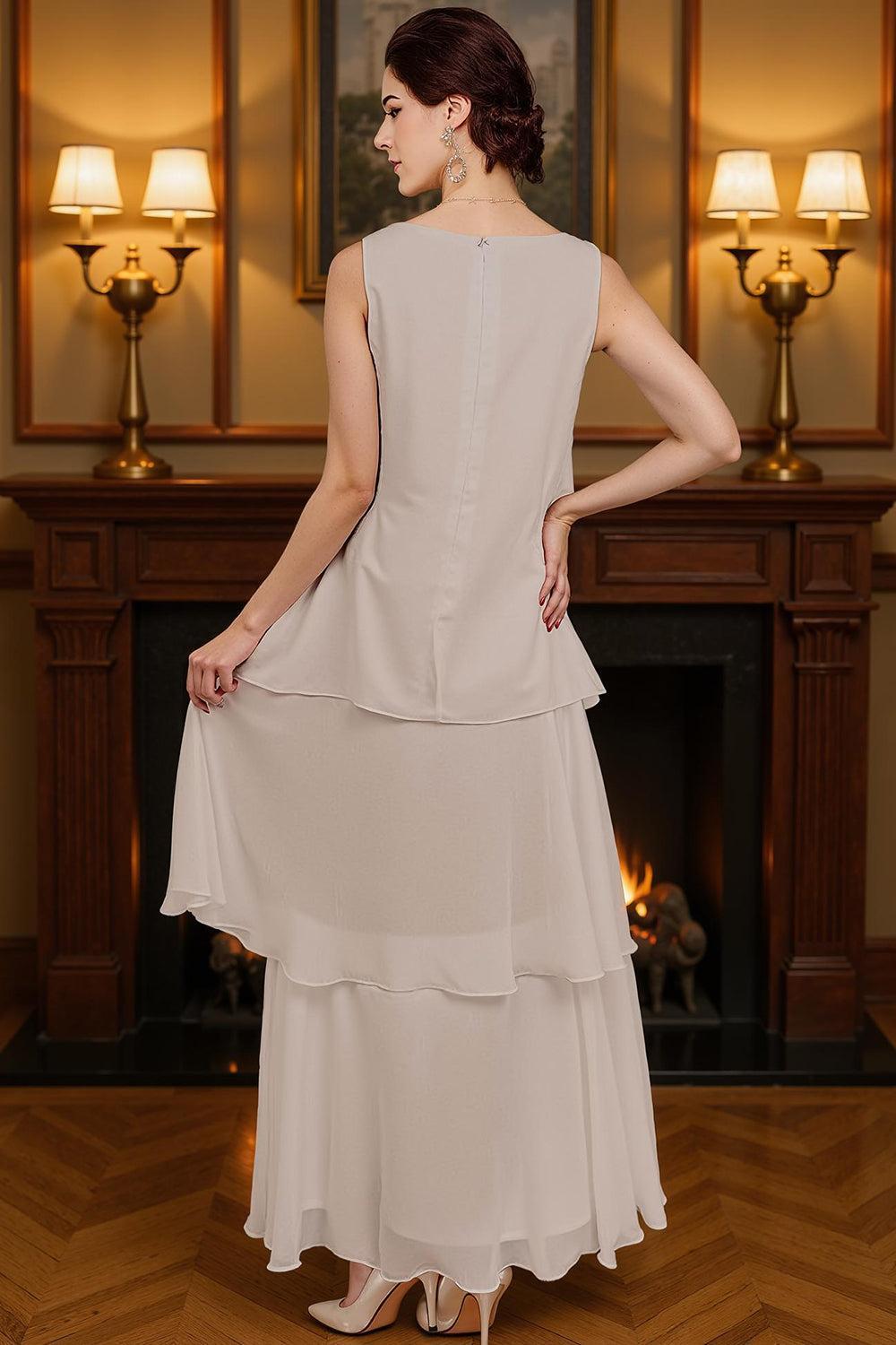 Dreamyannie Khaki Tiered Ruffled 2 Piece Ankle Length Mother Of The Bride Dress With Jacket