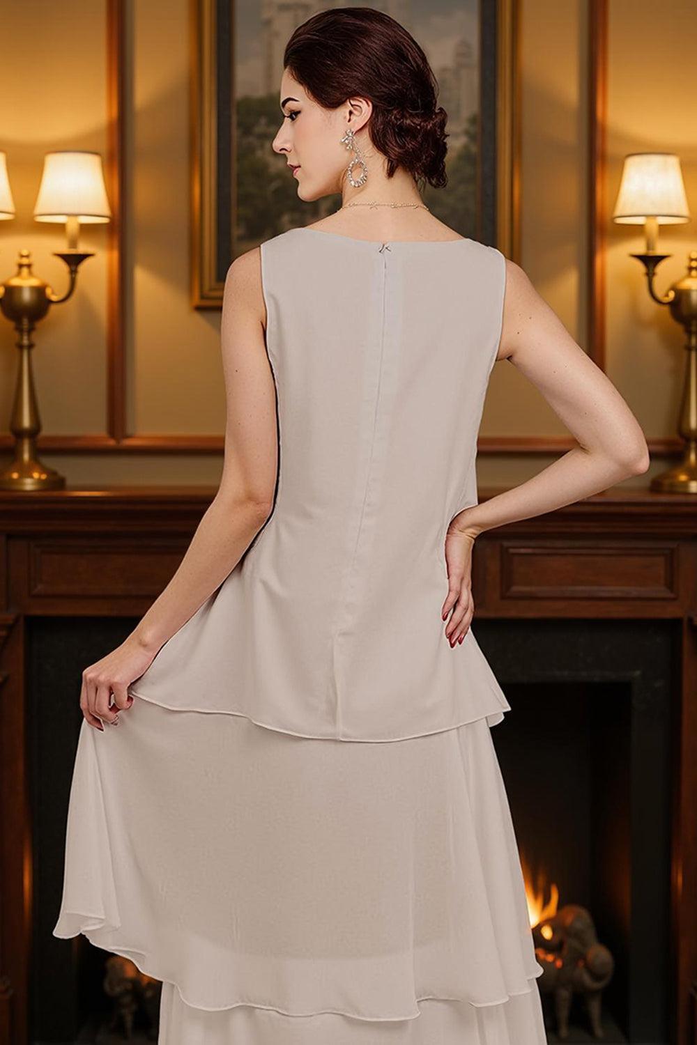 Dreamyannie Khaki Tiered Ruffled 2 Piece Ankle Length Mother Of The Bride Dress With Jacket