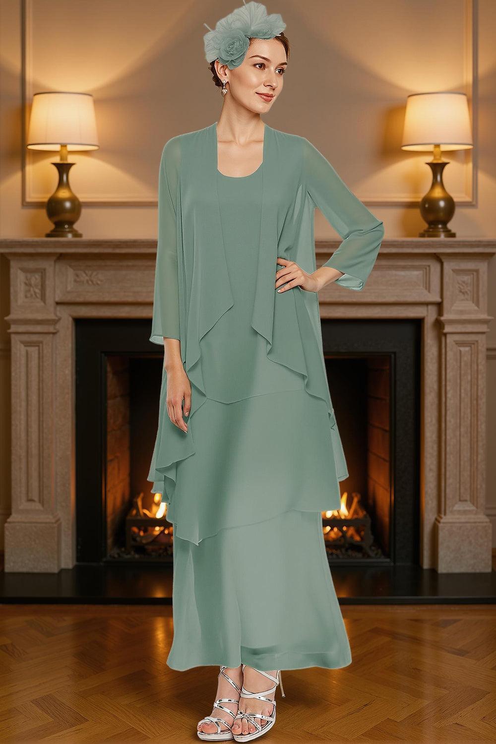 Dreamyannie Khaki Tiered Ruffled 2 Piece Ankle Length Mother Of The Bride Dress With Jacket