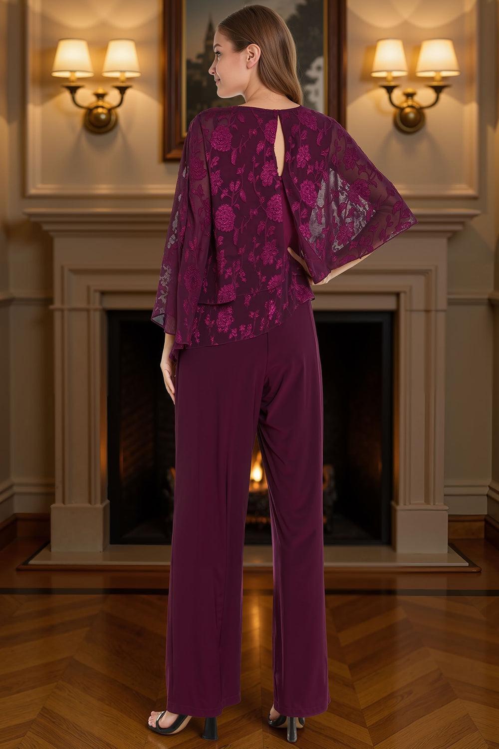 Dreamyannie Lace Floral Grape Tiered 2 Piece Mother Of The Bride Pant Suits