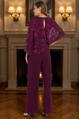 Dreamyannie Lace Floral Grape Tiered 2 Piece Mother Of The Bride Pant Suits